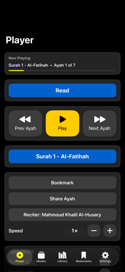 The Quran Aloud player, showing Surah 1 Al-Fatihah playing, with large Prev Ayah,
            Play and Next Ayah buttons and controls for reciter and speed.